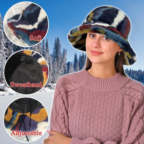 Bucket Hat Womens Faux Fur Warm Winter Plush Bucket Hats Furry Fuzzy Colorful Fisherman Cap Adjustable Girls Outdoor Travel in Saudi Arabia