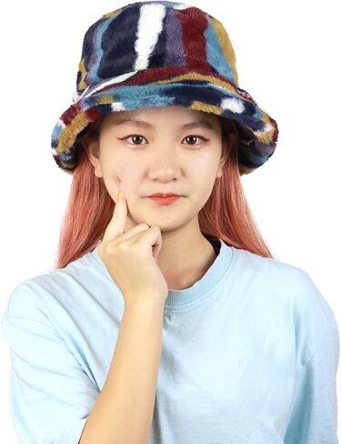Bucket Hat Womens Faux Fur Warm Winter Plush Bucket Hats Furry Fuzzy Colorful Fisherman Cap Adjustable Girls Outdoor Travel in Saudi Arabia