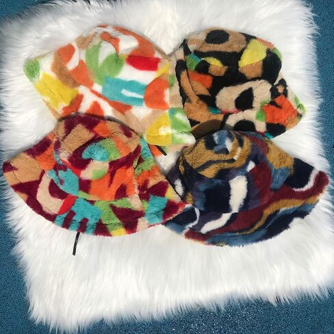 Bucket Hat Womens Faux Fur Warm Winter Plush Bucket Hats Furry Fuzzy Colorful Fisherman Cap Adjustable Girls Outdoor Travel in Saudi Arabia