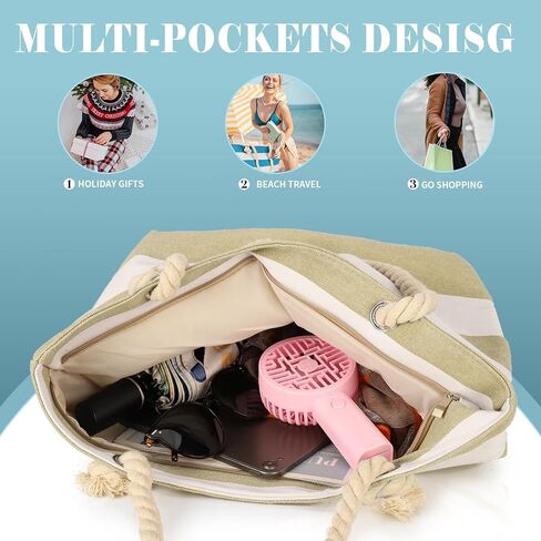 LAVTUG Canvas Tote Bag for Women Waterproof Large Travel Beach Bags with Zipper Reusable Grocery Shopping Bags in Kuwait