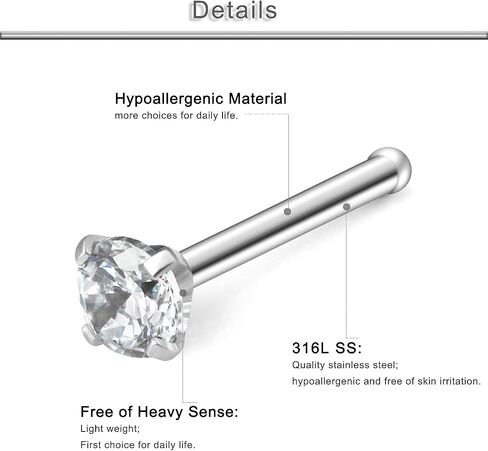 Yaalozei 20G حلقات الأنف مسمار 316L الجراحية الصلب مكعب زركونيا الأنف مسمار الأنف العظام دبوس الأنف الدائري مسمار ثقب المجوهرات تشيكوسلوفاكيا حجم 1.5 مللي متر 2 مللي متر 2.5 مللي متر 3 مللي متر in Kuwait