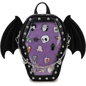fancybag Goth Coffin Backpack with Detachable Bat Wing Halloween Coffin Ita Punk Shoulder Bag for Enamel Pins Display