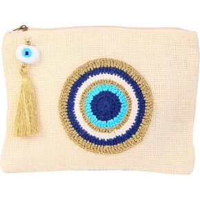 كارينزلاين هاند ميد شنطة يد صغيرة من قماش الجوت بتصميم عين الحسد، شنطة شاطئ بلون اوف وايت، شنطة هدايا بسحاب مع شرابة، لون اوف وايت، مقاس S in Kuwait