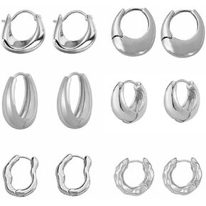 JeHwuel 6 Pairs Gold Hoop Earrings Set for Women, 14K Gold Plated Huggie Chunky Earring Variety Pack, Hypoallergenic Thick Jewelry Gift for Girls