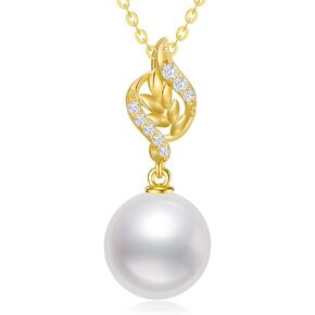 10k Gold Diamond Leaves Pearl Necklace for Women, Anniversary Jewelry for Wife, Birthday Gifts for Her (0.1ct Diamond, 9mm Freshwater Cultured Pearl), 16-18 Inch in Saudi Arabia