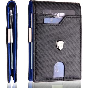 محفظة نحيفة للرجال من الجلد البسيط RFID تحجب ألياف الكربون وحامل بطاقة الائتمان ثنائي الطي مع مشبك للنقود (أسود) in Kuwait