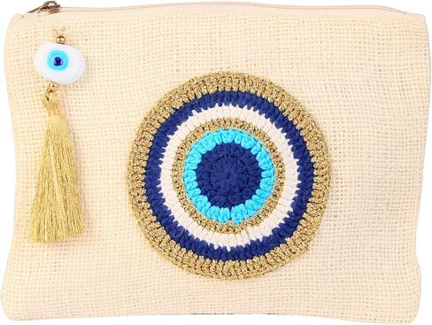 كارينزلاين هاند ميد شنطة يد صغيرة من قماش الجوت بتصميم عين الحسد، شنطة شاطئ بلون اوف وايت، شنطة هدايا بسحاب مع شرابة، لون اوف وايت، مقاس S in Kuwait