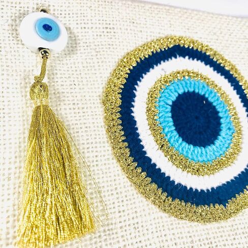 كارينزلاين هاند ميد شنطة يد صغيرة من قماش الجوت بتصميم عين الحسد، شنطة شاطئ بلون اوف وايت، شنطة هدايا بسحاب مع شرابة، لون اوف وايت، مقاس S in Kuwait