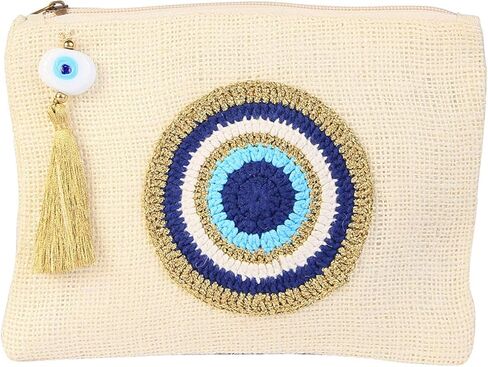 كارينزلاين هاند ميد شنطة يد صغيرة من قماش الجوت بتصميم عين الحسد، شنطة شاطئ بلون اوف وايت، شنطة هدايا بسحاب مع شرابة، لون اوف وايت، مقاس S in Kuwait