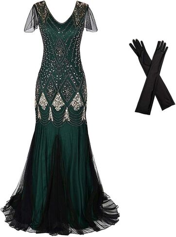 فستان سهرة نسائي 1920s Flapper Cocktail Mermaid مقاس كبير ثوب رسمي مع قفازات طويلة in Kuwait