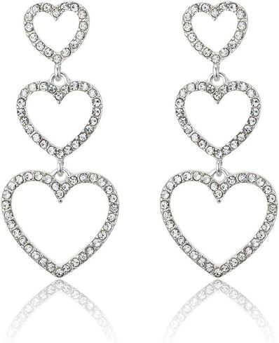 RareLove Bling CZ Crystal Interlocking Three Heart Hollow Dangle Stud Piercing Earrings For Women Girls Silver Plated Alloy Valentines Gift For Her in Saudi Arabia