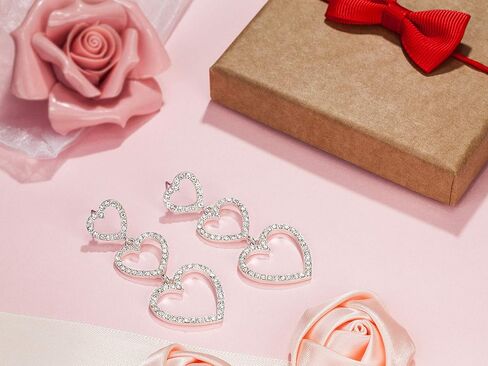RareLove Bling CZ Crystal Interlocking Three Heart Hollow Dangle Stud Piercing Earrings For Women Girls Silver Plated Alloy Valentines Gift For Her in Saudi Arabia