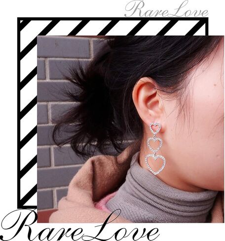 RareLove Bling CZ Crystal Interlocking Three Heart Hollow Dangle Stud Piercing Earrings For Women Girls Silver Plated Alloy Valentines Gift For Her in Saudi Arabia