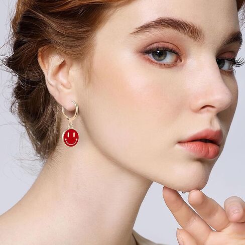 Smiley Face Earrings Preppy Jewelry Cute Happy Face Dangle Drop Cartilage Colorful Small Huggie Hoop Trendy Aesthetic Y2K Hypoallergenic Earrings Gifts for Teen Girls Women in Saudi Arabia