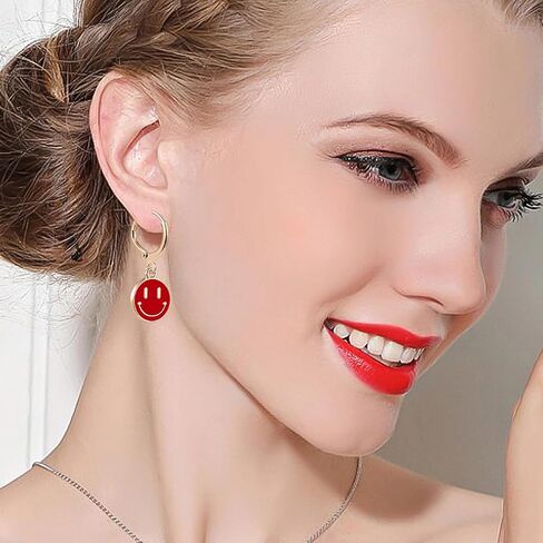Smiley Face Earrings Preppy Jewelry Cute Happy Face Dangle Drop Cartilage Colorful Small Huggie Hoop Trendy Aesthetic Y2K Hypoallergenic Earrings Gifts for Teen Girls Women in Saudi Arabia