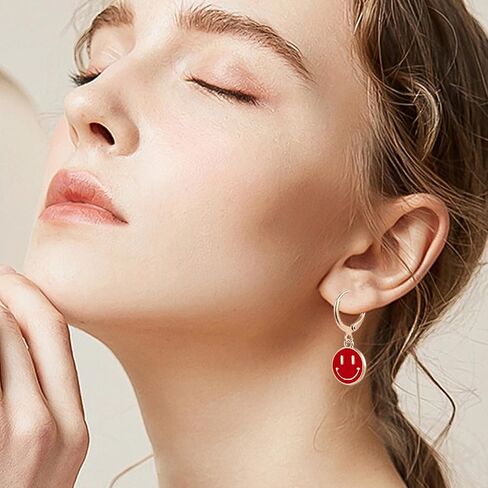 Smiley Face Earrings Preppy Jewelry Cute Happy Face Dangle Drop Cartilage Colorful Small Huggie Hoop Trendy Aesthetic Y2K Hypoallergenic Earrings Gifts for Teen Girls Women in Saudi Arabia