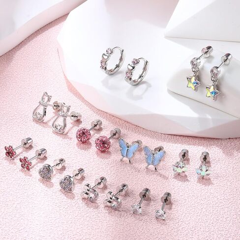 adramata الأقراط هيبوالرجينيك للفتيات النساء الجراحية الصلب الأطفال الأقراط لطيف هوجي هوب الأقراط تشيكوسلوفاكيا نجم الفراشة المسمار الظهر الأقراط 20 جرام 10 أزواج مجموعة الأقراط in Kuwait