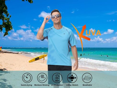 الرجال UPF 50 + طفح الحرس السباحة قميص قصير الأكمام الأشعة فوق البنفسجية حماية الشمس الشاطئ الصيد تجريب القمصان في الهواء الطلق التبريد المحملة in Kuwait