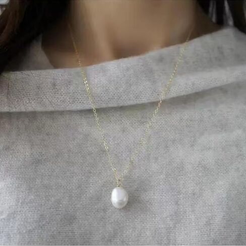 قلادة لؤلؤ واحدة للنساء والفتيات، 9-11 مم لؤلؤ طبيعي مجعد، 15.7 بوصة + 1.18 بوصة، على شكل باروكي، قلادة ذهبية ملفوفة عيار 14 قيراط، صناعة يدوية دقيقة، سلسلة الترقوة، للهدايا، لحفلات الزفاف in Kuwait