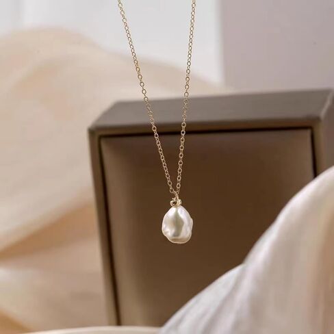 قلادة لؤلؤ واحدة للنساء والفتيات، 9-11 مم لؤلؤ طبيعي مجعد، 15.7 بوصة + 1.18 بوصة، على شكل باروكي، قلادة ذهبية ملفوفة عيار 14 قيراط، صناعة يدوية دقيقة، سلسلة الترقوة، للهدايا، لحفلات الزفاف in Kuwait