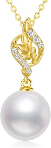 10k Gold Diamond Leaves Pearl Necklace for Women, Anniversary Jewelry for Wife, Birthday Gifts for Her (0.1ct Diamond, 9mm Freshwater Cultured Pearl), 16-18 Inch in Saudi Arabia