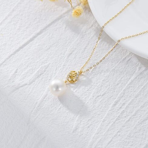 10k Gold Diamond Leaves Pearl Necklace for Women, Anniversary Jewelry for Wife, Birthday Gifts for Her (0.1ct Diamond, 9mm Freshwater Cultured Pearl), 16-18 Inch in Saudi Arabia