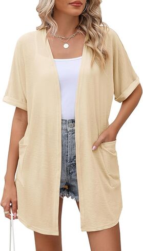 سترة LOMON النسائية مفتوحة من الأمام وخفيفة الوزن وطويلة صيفية بأكمام قصيرة وغطاء كاجوال مع جيوب in Kuwait