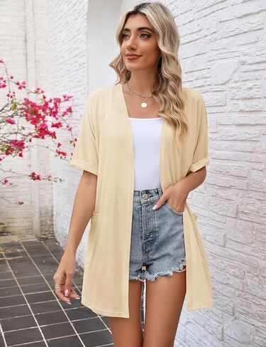 سترة LOMON النسائية مفتوحة من الأمام وخفيفة الوزن وطويلة صيفية بأكمام قصيرة وغطاء كاجوال مع جيوب in Kuwait