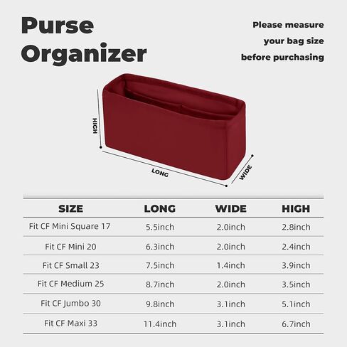 XYJG Purse Handbag Silky Organizer Insert Keep Bag Shape Fits Chanel Classic Flap CF Mini Square 17/20/Small/Medium/Jumbo/Maxi Bags, Luxury Handbag Tote Lightweight Sturdy(CF Small 23,Wine Red) in Saudi Arabia