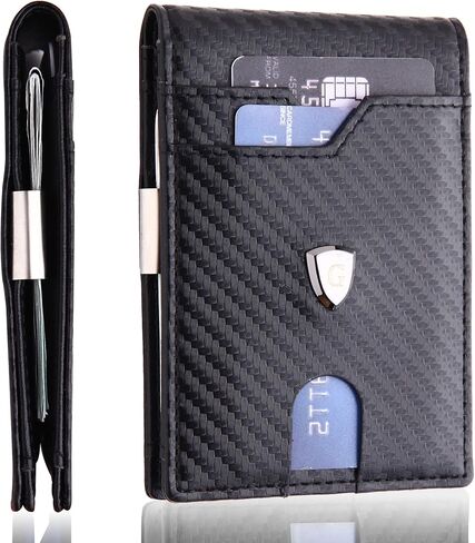 محفظة نحيفة للرجال من الجلد البسيط RFID تحجب ألياف الكربون وحامل بطاقة الائتمان ثنائي الطي مع مشبك للنقود (أسود) in Kuwait