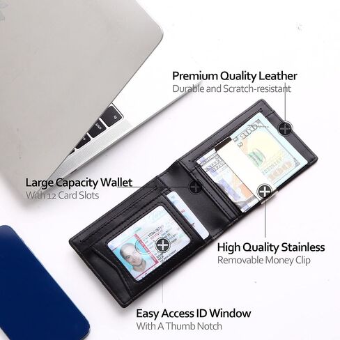 محفظة نحيفة للرجال من الجلد البسيط RFID تحجب ألياف الكربون وحامل بطاقة الائتمان ثنائي الطي مع مشبك للنقود (أسود) in Kuwait