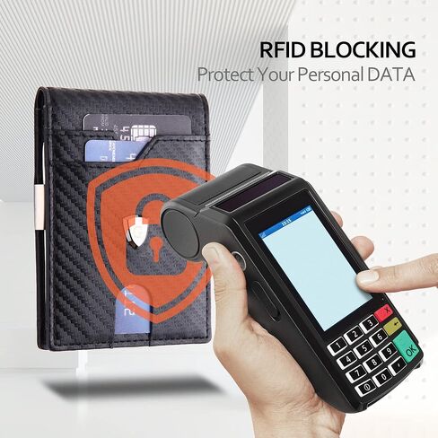 محفظة نحيفة للرجال من الجلد البسيط RFID تحجب ألياف الكربون وحامل بطاقة الائتمان ثنائي الطي مع مشبك للنقود (أسود) in Kuwait