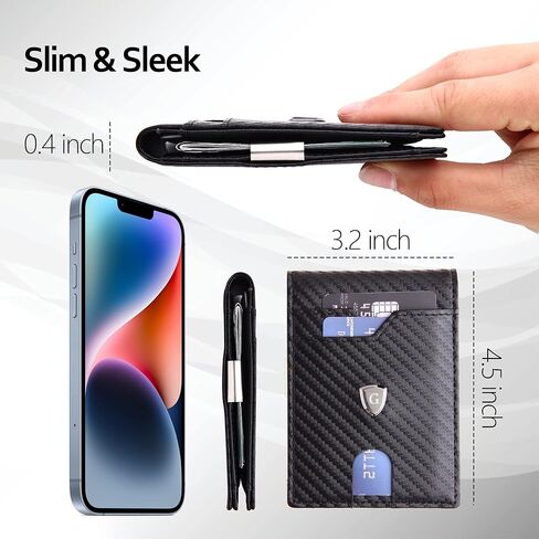 محفظة نحيفة للرجال من الجلد البسيط RFID تحجب ألياف الكربون وحامل بطاقة الائتمان ثنائي الطي مع مشبك للنقود (أسود) in Kuwait