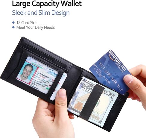 محفظة نحيفة للرجال من الجلد البسيط RFID تحجب ألياف الكربون وحامل بطاقة الائتمان ثنائي الطي مع مشبك للنقود (أسود) in Kuwait