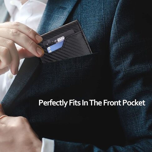 محفظة نحيفة للرجال من الجلد البسيط RFID تحجب ألياف الكربون وحامل بطاقة الائتمان ثنائي الطي مع مشبك للنقود (أسود) in Kuwait