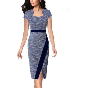 VFSHOW Womens Square Neck Patchwork Front Slit 2023 Work Business Office Bodycon Pencil Dress