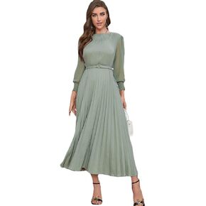Alisa wang Women’s Pleated Dress Elegant Sheer Long Sleeves Slim A-line Long Dresses High Waist Belt Lilac Purple Mint Green