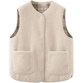 CUFEZN Women's Fuzzy Sherpa Fleece Vest Casual Button Down Waistcoat Sleeveless Gilet Reversible Plaid Outerwear with Pockets
