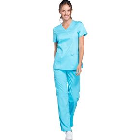 Cherokee Women Scrubs Set Workwear Revolution WW610 Mock Wrap Top & WW110 Mid Rise Straight Leg Pull-on Pant, Turquoise- S Top/S Pant in Kuwait