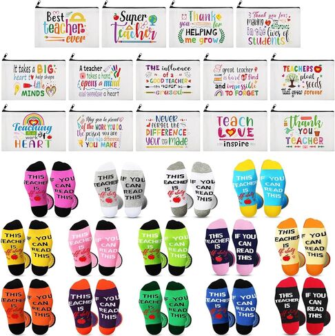 Shinymoon 28 Pcs Teacher Appreciation Gifts If You Can Read This, Teacher Is off Duty Teacher Socks in Bulk 14 Styles Teacher Makeup Bags for Women Gift for Christmas Teacher's Day Back to School in Saudi Arabia