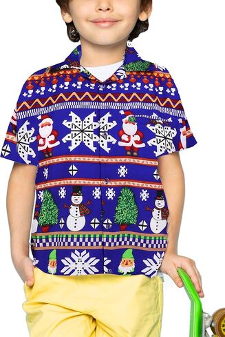 KING KAMEHA Funky Casual Hawaiian Shirt Kids Boys Girls Front-Pocket Loud Shortsleeve Unisex Christmas Reindeer Prints in Kuwait