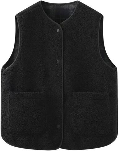 CUFEZN Women's Fuzzy Sherpa Fleece Vest Casual Button Down Waistcoat Sleeveless Gilet Reversible Plaid Outerwear with Pockets in Saudi Arabia