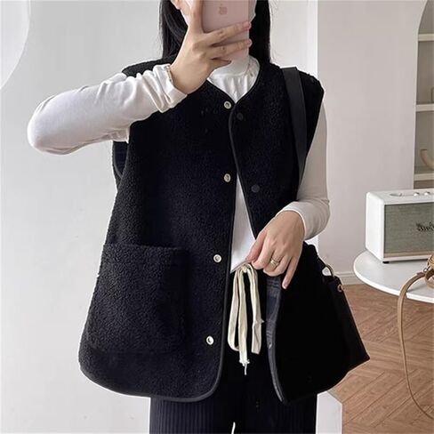 CUFEZN Women's Fuzzy Sherpa Fleece Vest Casual Button Down Waistcoat Sleeveless Gilet Reversible Plaid Outerwear with Pockets in Saudi Arabia