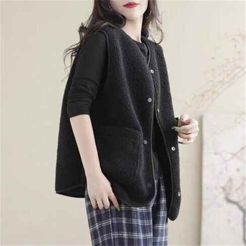 CUFEZN Women's Fuzzy Sherpa Fleece Vest Casual Button Down Waistcoat Sleeveless Gilet Reversible Plaid Outerwear with Pockets in Saudi Arabia