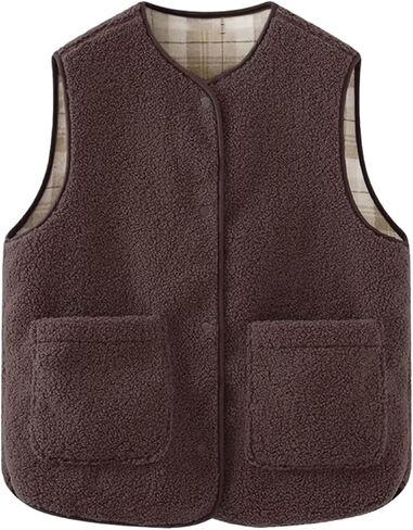 CUFEZN Women's Fuzzy Sherpa Fleece Vest Casual Button Down Waistcoat Sleeveless Gilet Reversible Plaid Outerwear with Pockets in Saudi Arabia