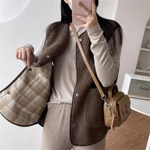 CUFEZN Women's Fuzzy Sherpa Fleece Vest Casual Button Down Waistcoat Sleeveless Gilet Reversible Plaid Outerwear with Pockets in Saudi Arabia