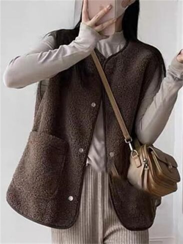 CUFEZN Women's Fuzzy Sherpa Fleece Vest Casual Button Down Waistcoat Sleeveless Gilet Reversible Plaid Outerwear with Pockets in Saudi Arabia