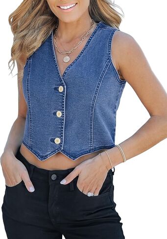 luvamia Jean Vests for Women Crop Denim Top Button Down Waistcoat Vest Tops Fashion Casual Sleeveless Jacket in Kuwait