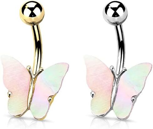 Pierced Owl - 14GA Shimmery Shell Covered Butterfly 316L Surgical Stainless Steel Navel Belly Button Ring in Saudi Arabia
