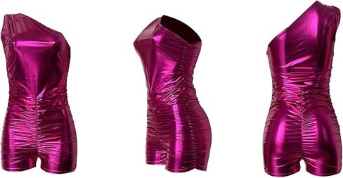 Women's Sexy Metallic Shiny One Shoulder Sleeveless Ruched Bodycon Shorts One Piece Jumpsuit Rompers in Saudi Arabia